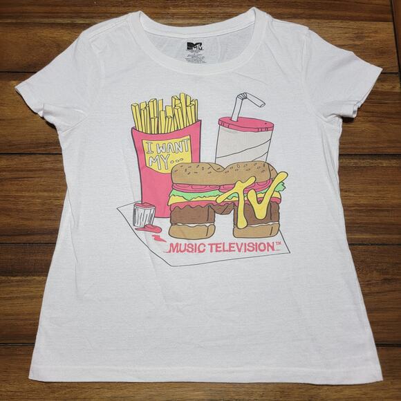 MTV Junior White Tee "I Want My MTV" Fast Food - Size Junior Large - Picture 1 of 4